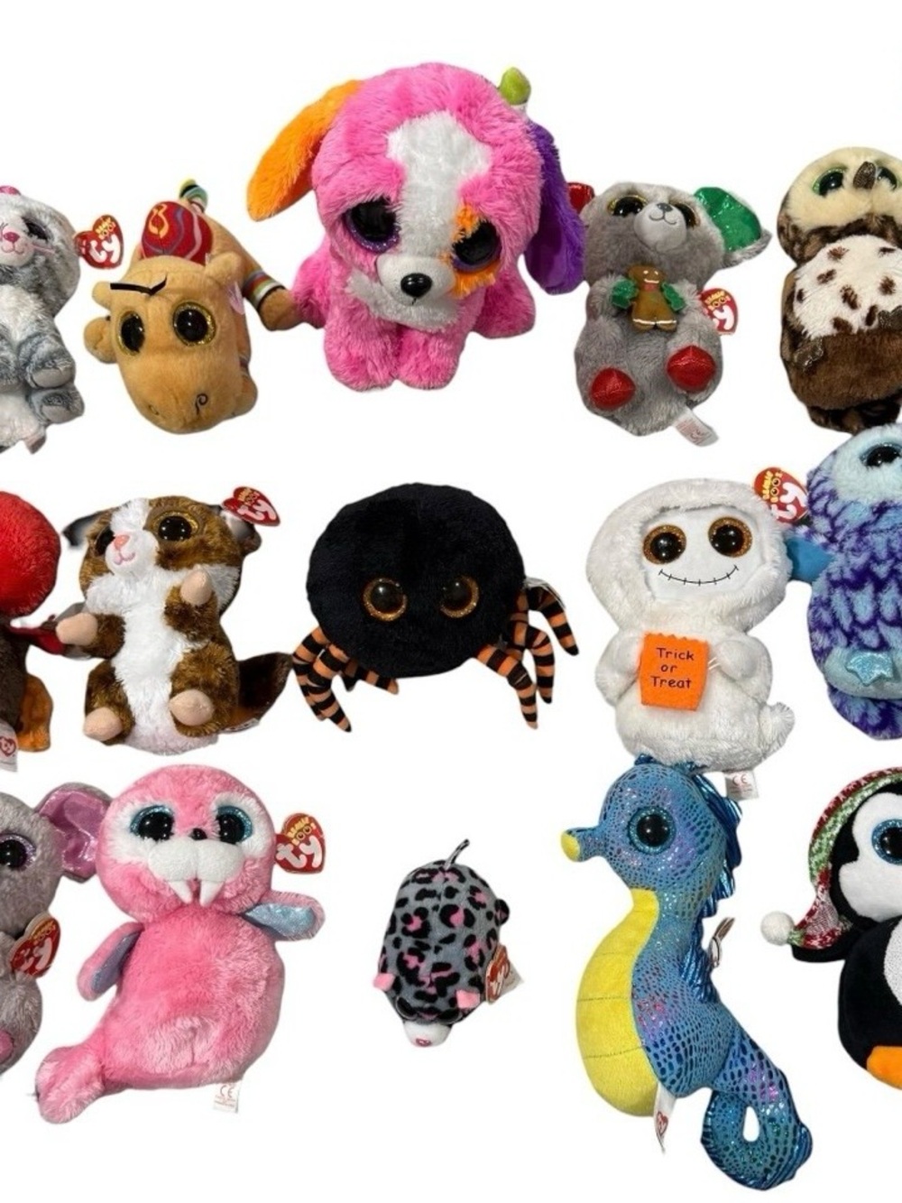 Ty Beanie Boos Large Mixed Lot of 15 Sea Horse, Camel, Owl, Spider, Ghost, Mouse